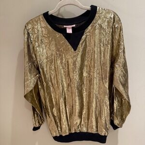 Halston III Vintage 80s Gold Metallic Crinkle Knit Trim Pullover Top Small 4-6